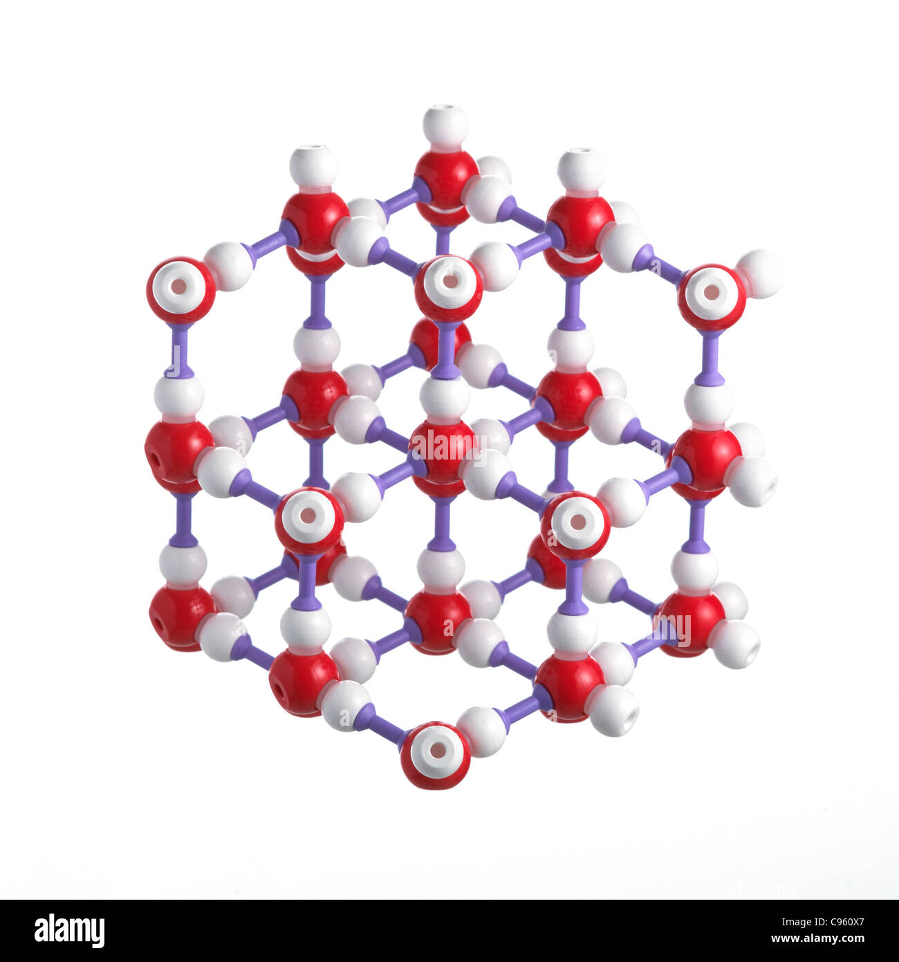 Reticolo di ghiaccio. Gli atomi sono rappresentati da sfere e sono codificati a colori: ossigeno (rosso) e idrogeno (bianco). Foto Stock