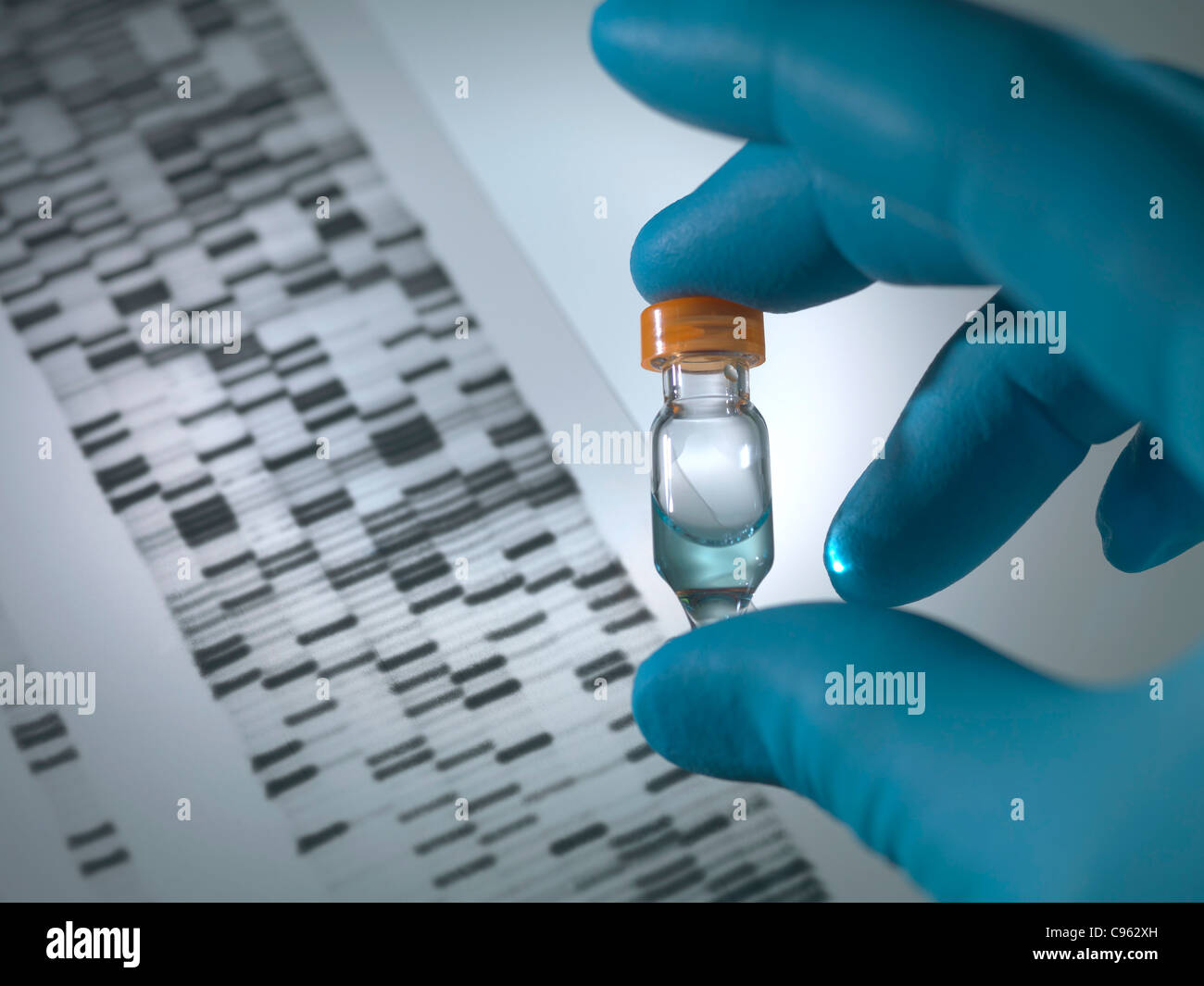 La ricerca genetica. Campione genetico e DNA (acido desossiribonucleico) autoradiogramma. Foto Stock