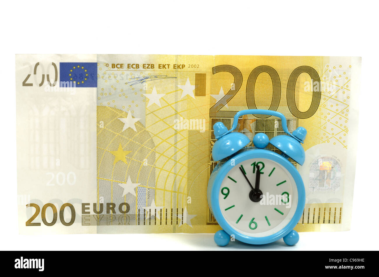 200 Euro con allarme blu , su sfondo bianco Foto Stock