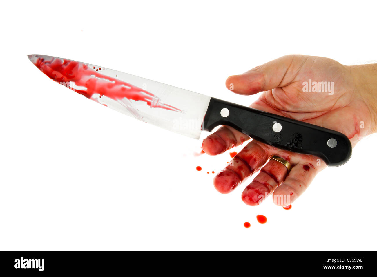 Un coltello cosparso di sangue. Un assassinio di arma. Immagine simbolica la criminalità Foto Stock