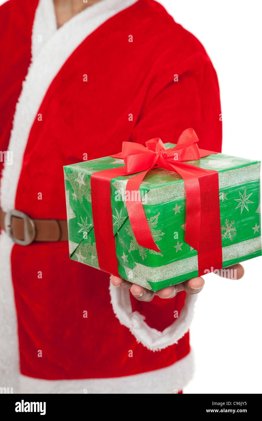 Babbo Natale con Natale regalo su bianco Foto Stock