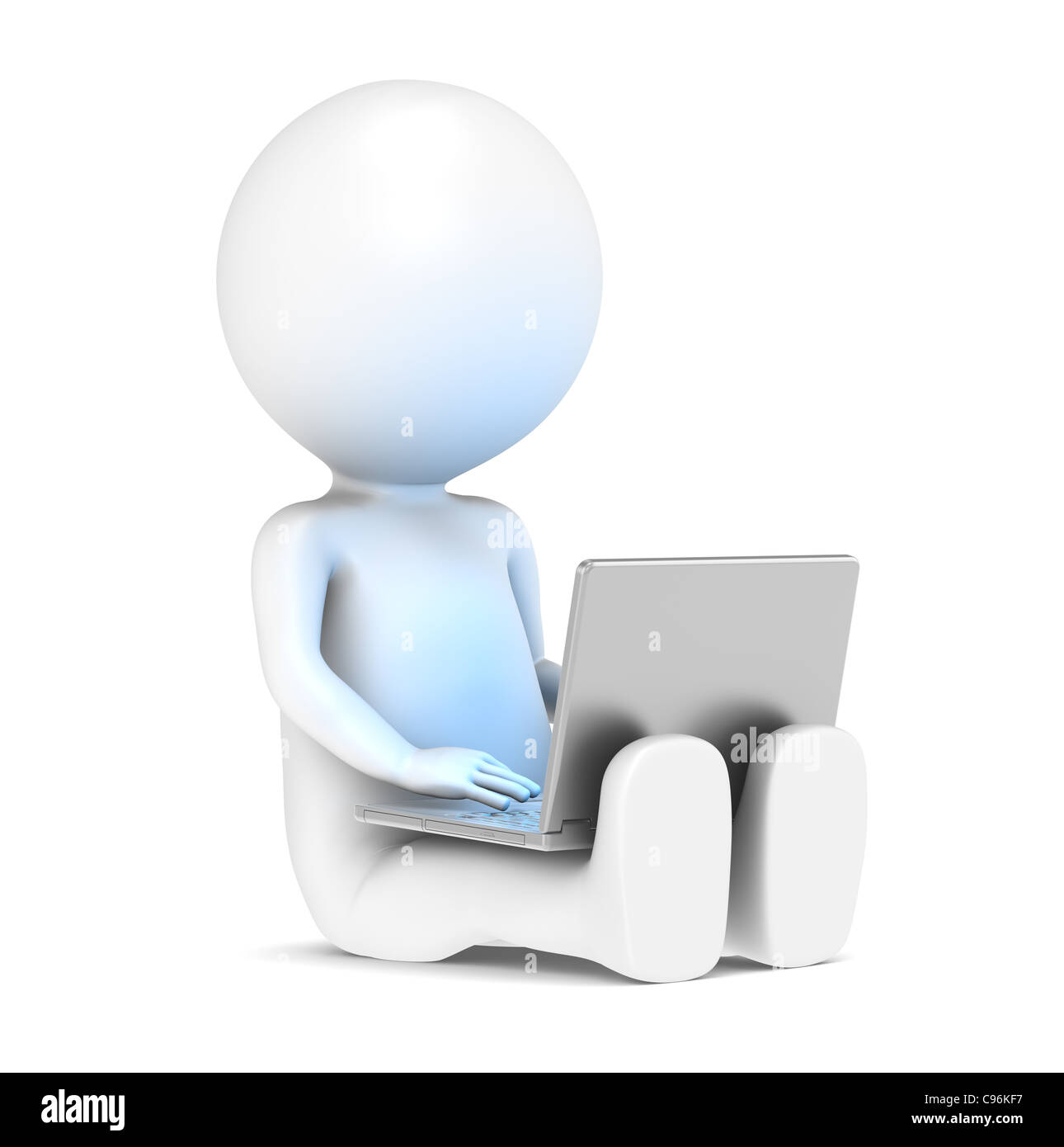 3d poco carattere umano con seduta a terra con un computer portatile. Illuminative blu sullo schermo. Foto Stock