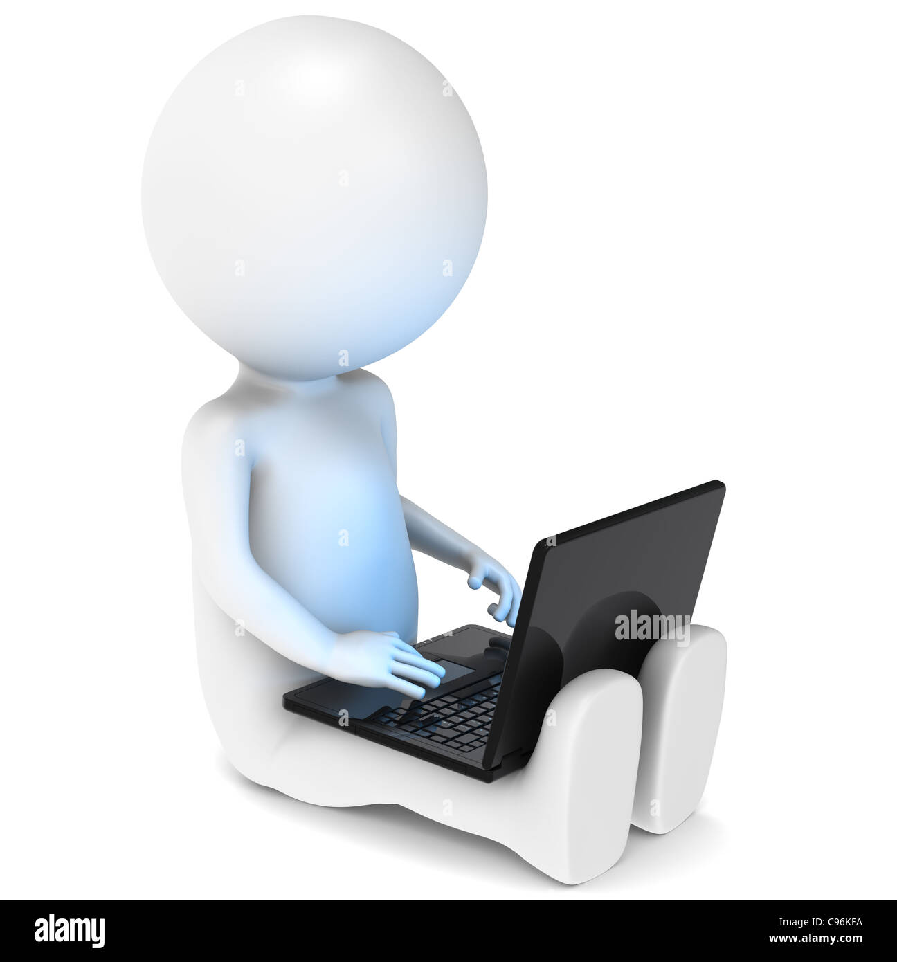 3d poco carattere umano con seduta a terra con un computer portatile. Illuminative blu sullo schermo. Foto Stock