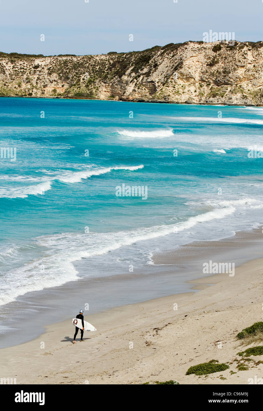 Un surfista passeggiate lungo la spiaggia di Baia di Pennington. Kangaroo Island, South Australia, Australia Foto Stock
