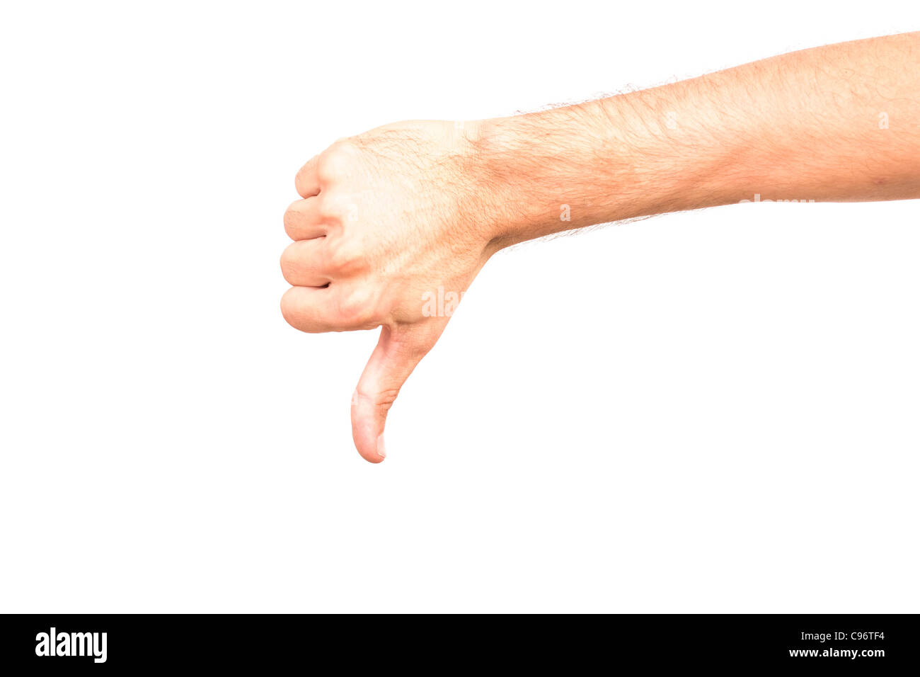 Man mano segno negativo, dita mostra gesto, pollice - modello maschio lato isolato su sfondo bianco - Spazio vuoto per il testo Foto Stock