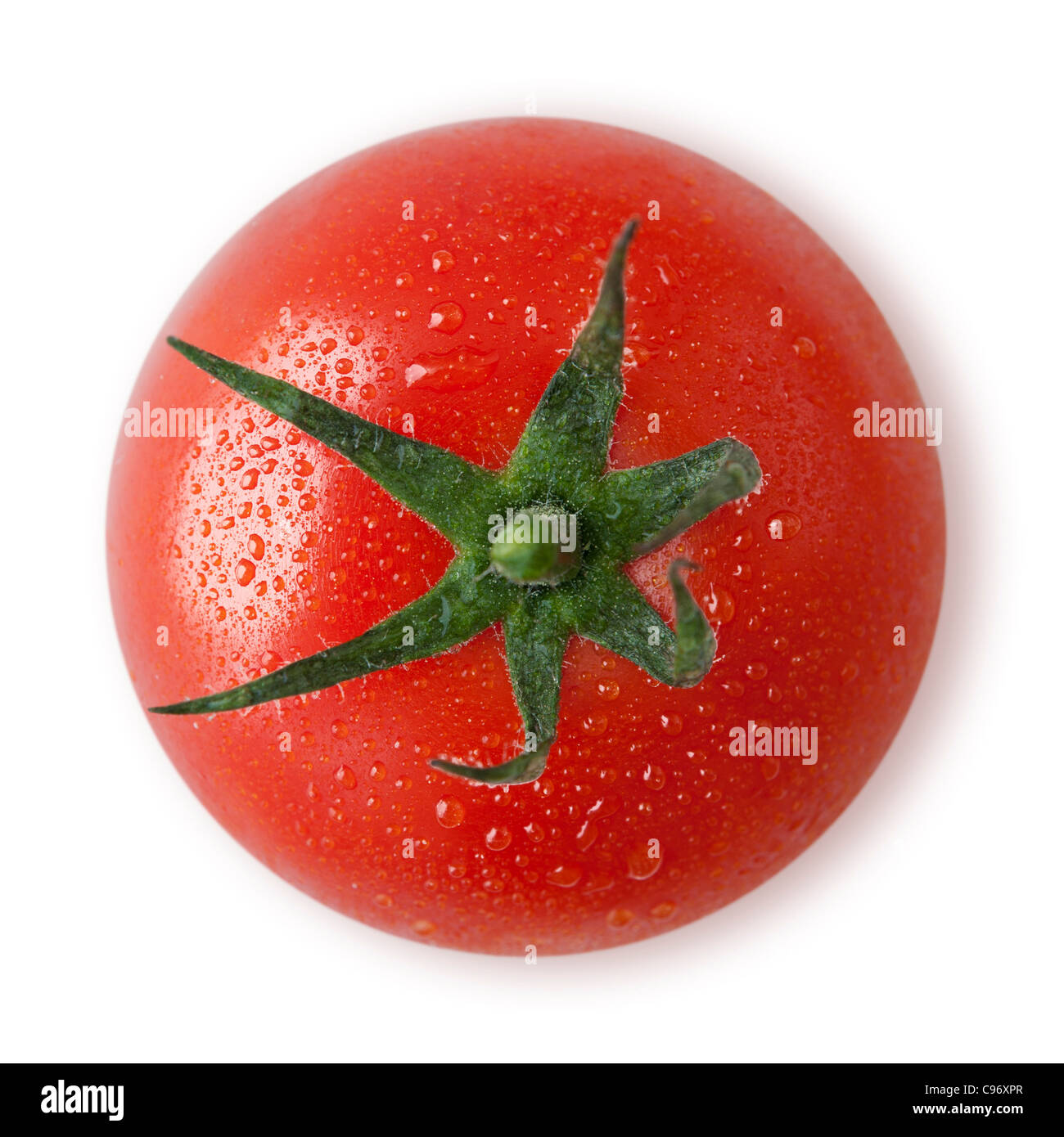 Vista dall'alto di una bella pomodori rossi freschi con rugiada su uno sfondo bianco. Intaglio Foto Stock