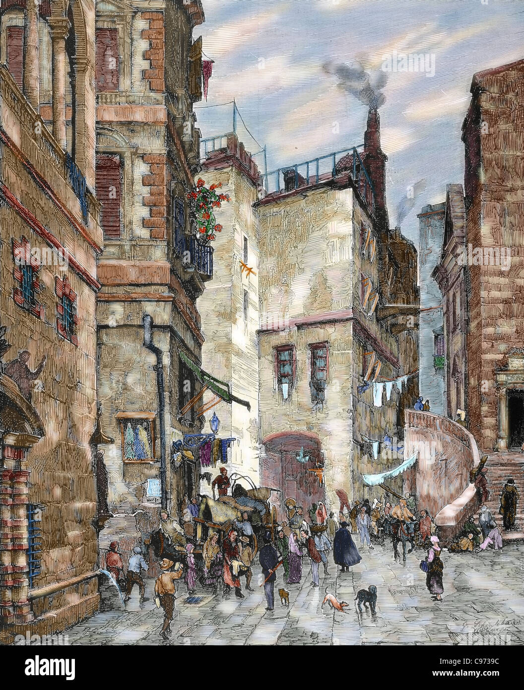 L'Italia. Genova. San Lucas street. Schönleber incisione. Xix secolo. Colorati. Foto Stock