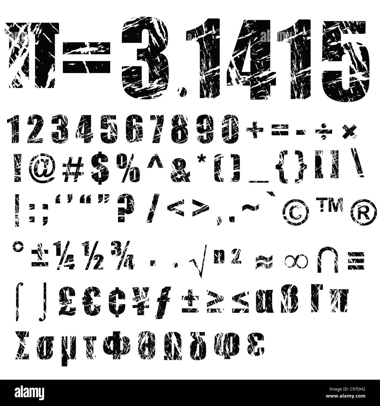 Numero di grunge e il simbolo, completato con alfabeti set. Foto Stock