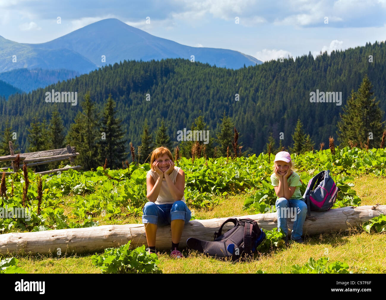 Estate montagna altopiano paesaggio con capannone di fattoria e il riposo della famiglia vicino (Goverla Montaggio dietro) Foto Stock