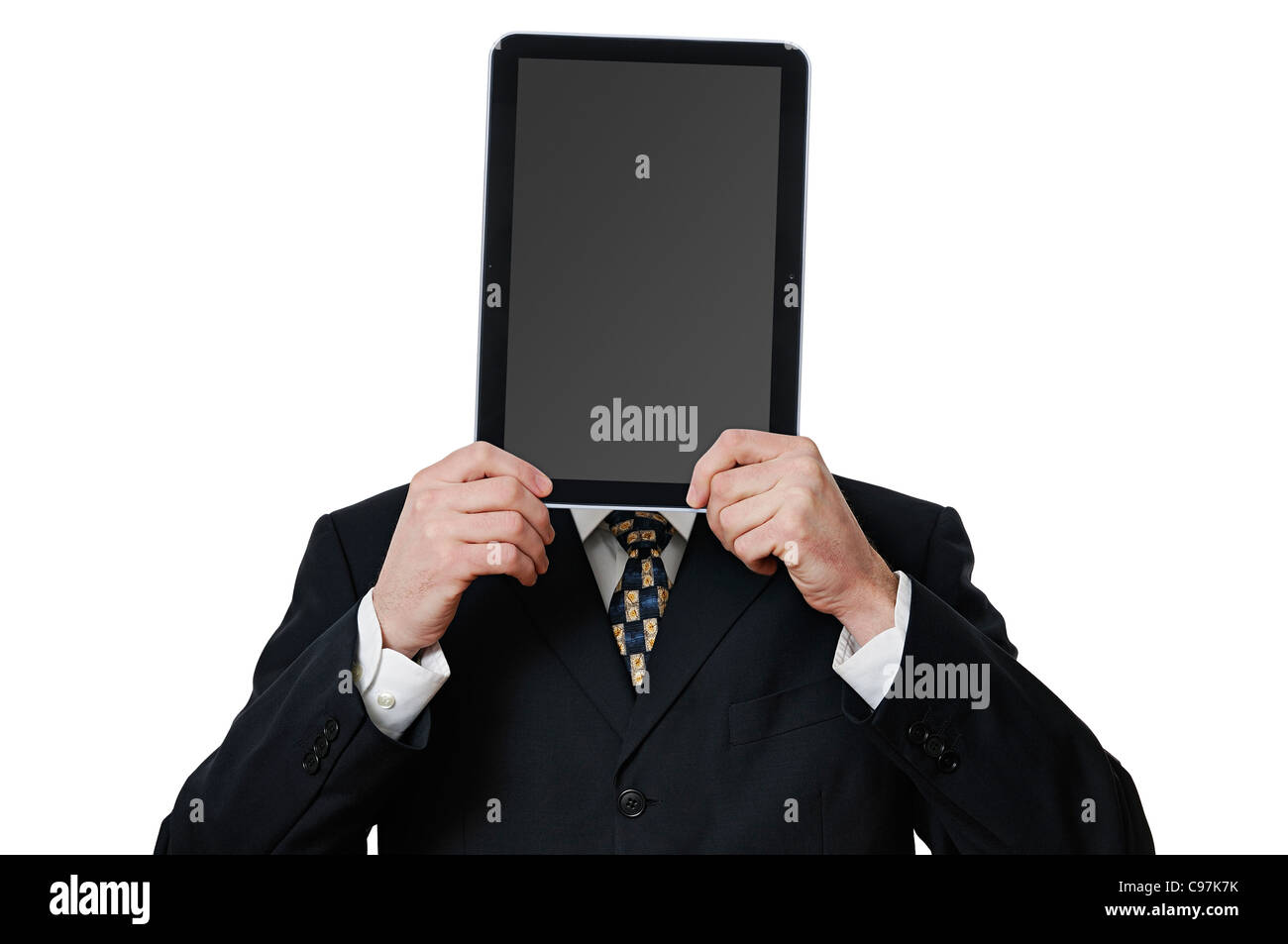 Imprenditore tenendo un computer Tablet davanti al suo volto Foto Stock