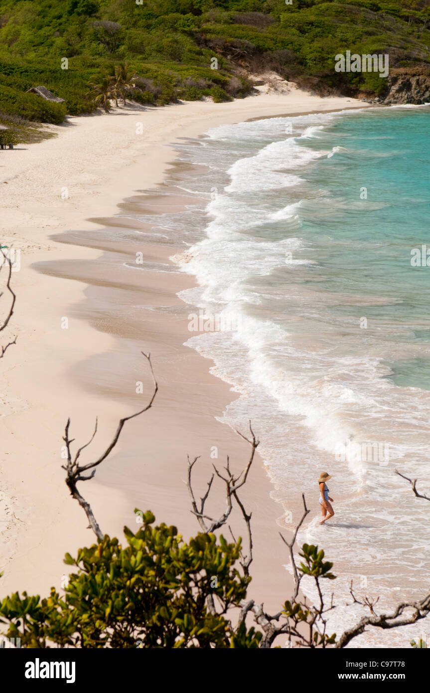 Isole dei Caraibi. Saint Vincent e Grenadine. Mustique. Donna solitaria su maccheroni deserta spiaggia. Foto Stock