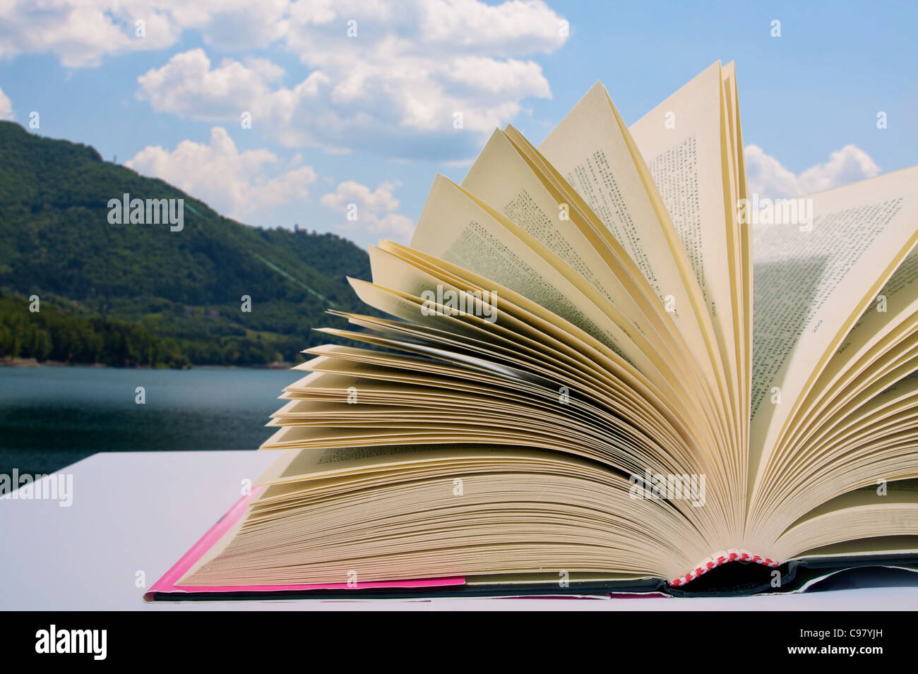 Libro aperto su un panorama meraviglioso e rilassante lettura su una  finestra sul mare Foto stock - Alamy
