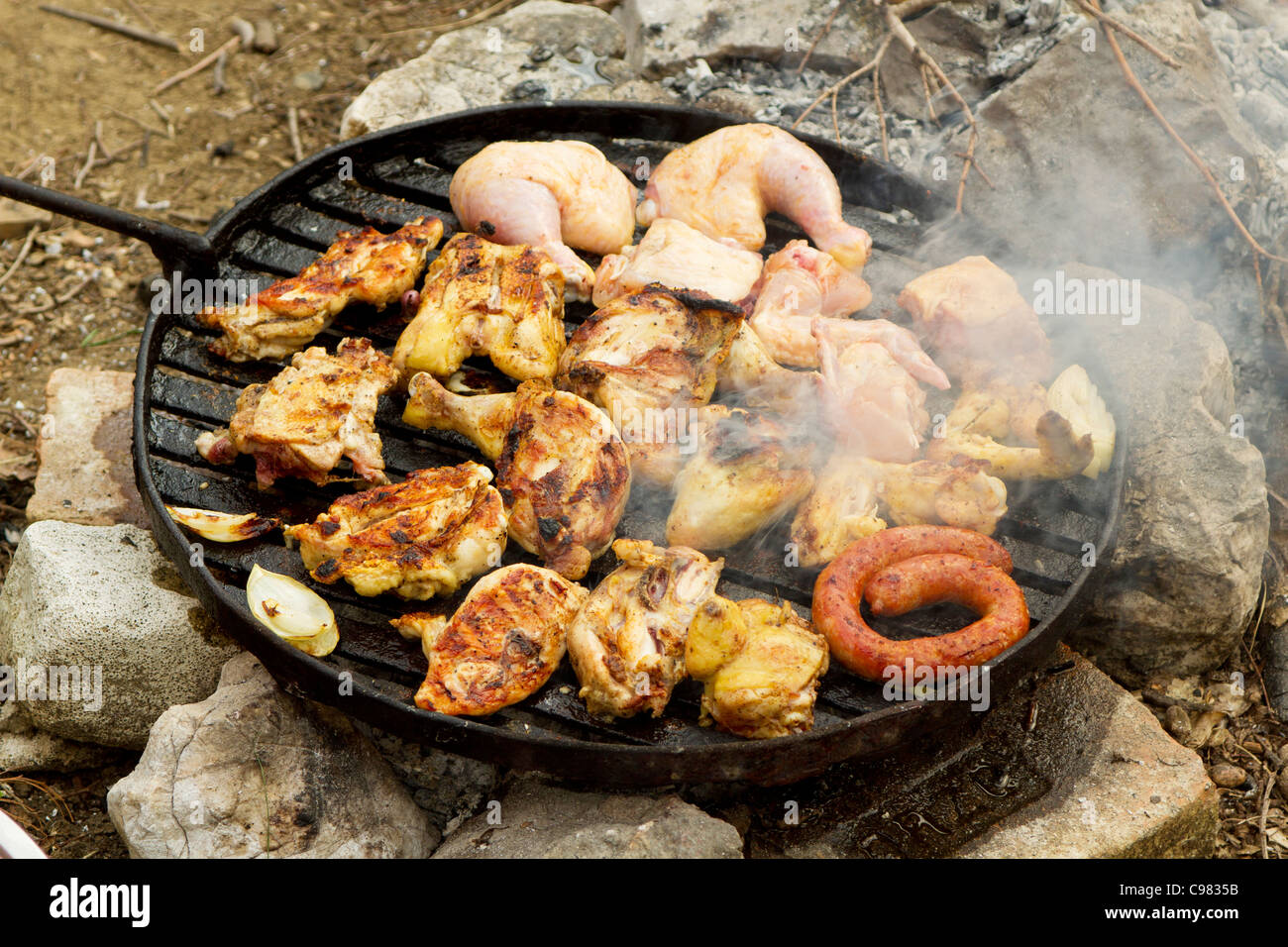 Griglia sopra un fuoco aperto con carne di maiale, salsicce e pollo Foto Stock