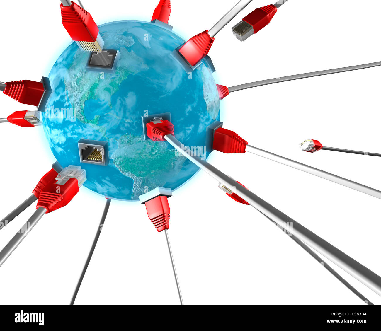 Connettori dei cavi di rete collegando nel globo terrestre. Connessione a Internet www comunicazione globale ISP un concetto di rete Foto Stock