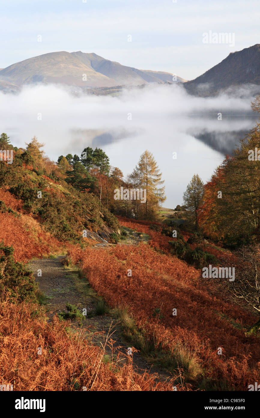 Colore di autunno e la nebbia sulla Derwent Water Lake District inglese, Cumbria, Regno Unito Foto Stock