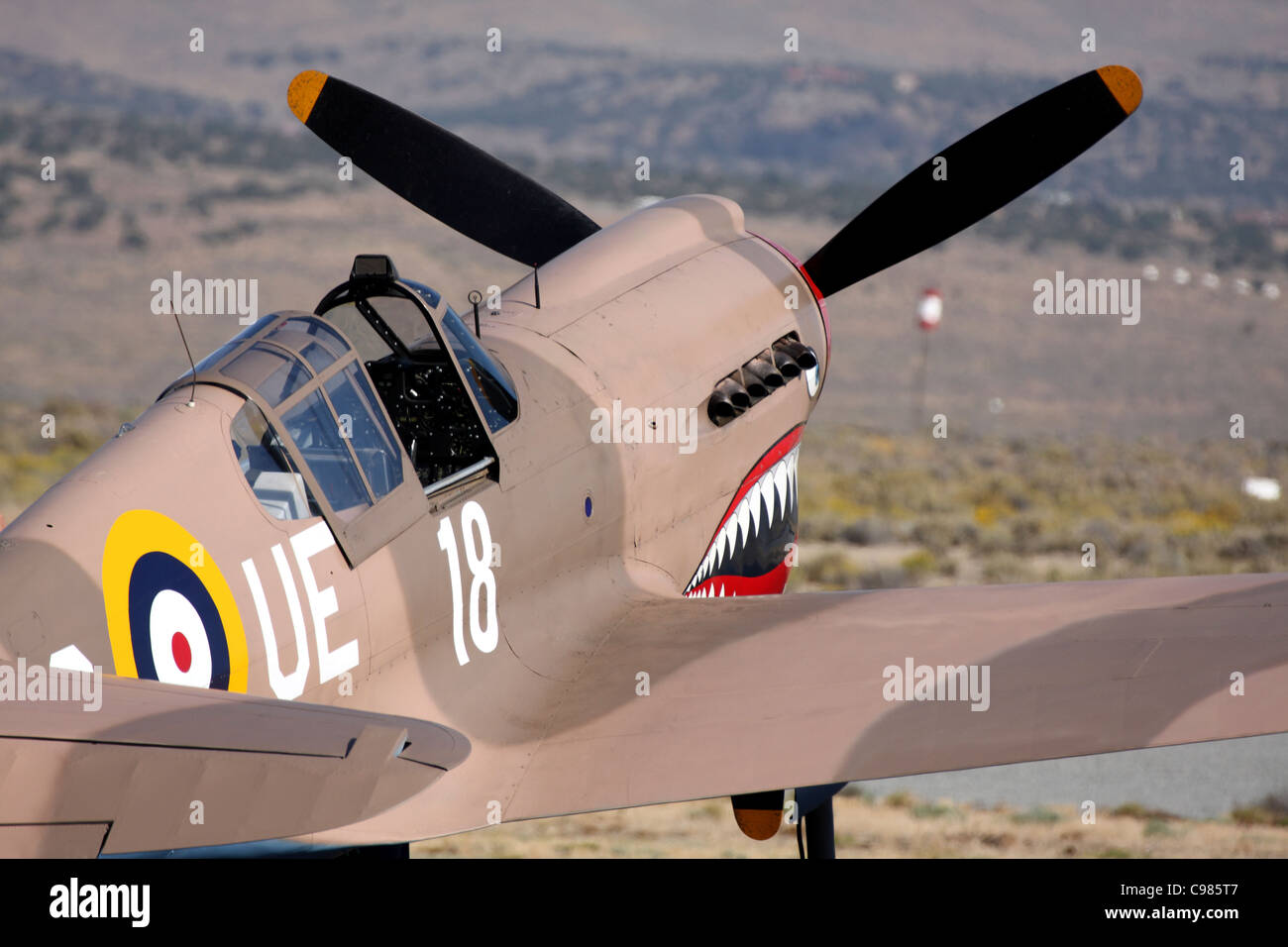 Curtiss P-40 Warhawk si siede sulla rampa durante il Reno Campionato Nazionale gare d'aria. Foto Stock