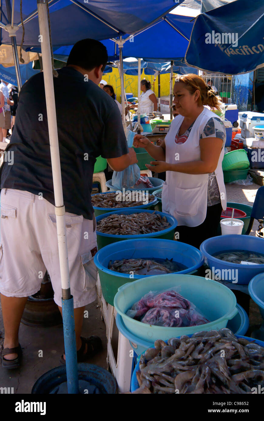 Donna vendere appena pescato gamberetti e altri frutti di mare al pescatore all'aperto il mercato di Mazatlan, Sinaloa, Messico Foto Stock