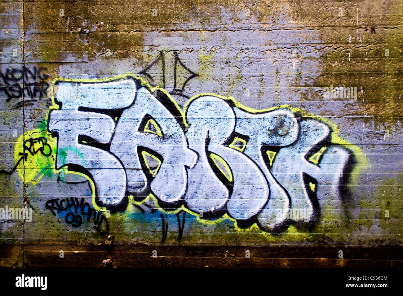 Graffiti su una parete della Virginia abbandonate società elettrica Centrale idroelettrica su Belle Isle Park Richmond VA Foto Stock