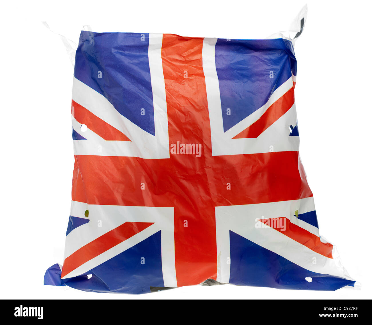 Un aerato vegetale di politene sacchetto con la britannica Union Jack sulla sua parte anteriore Foto Stock