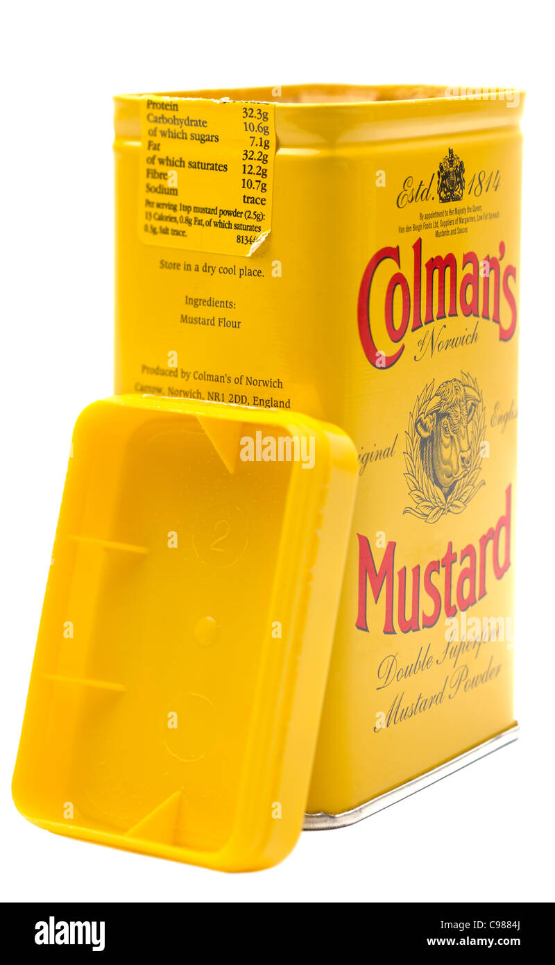 Colmans mostarda in polvere tin con parte superiore rimosso Foto Stock