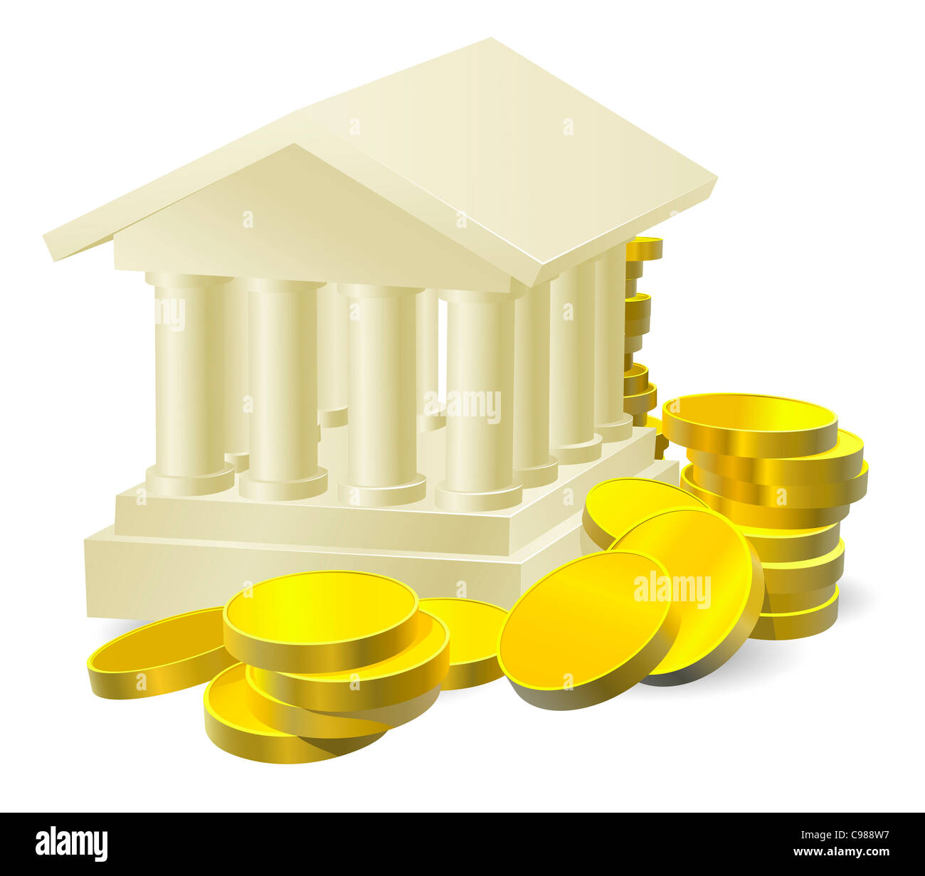 Illustrazione di una banca stilizzata edificio circondato da grandi monete d oro Foto Stock