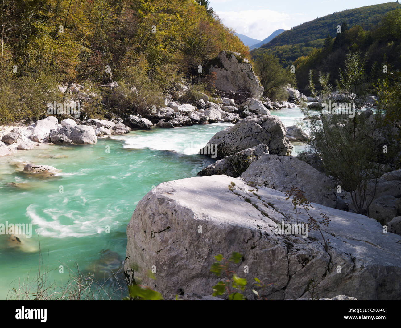 Vista sul fiume Soca,il Parco Nazionale del Triglav,Slovenia Foto Stock
