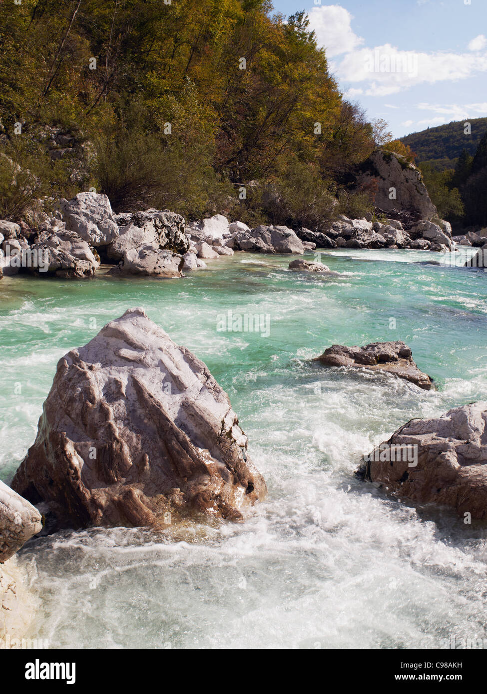Boulder in acqua chiara del fiume Soca,il Parco Nazionale del Triglav,Slovenia Foto Stock