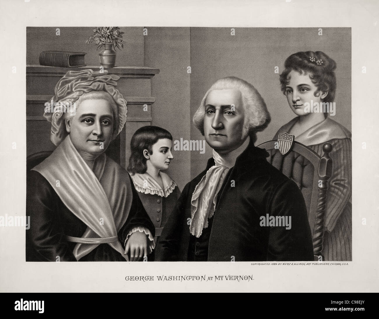 George e Martha Washington con i suoi bambini a Mt Vernon Foto Stock