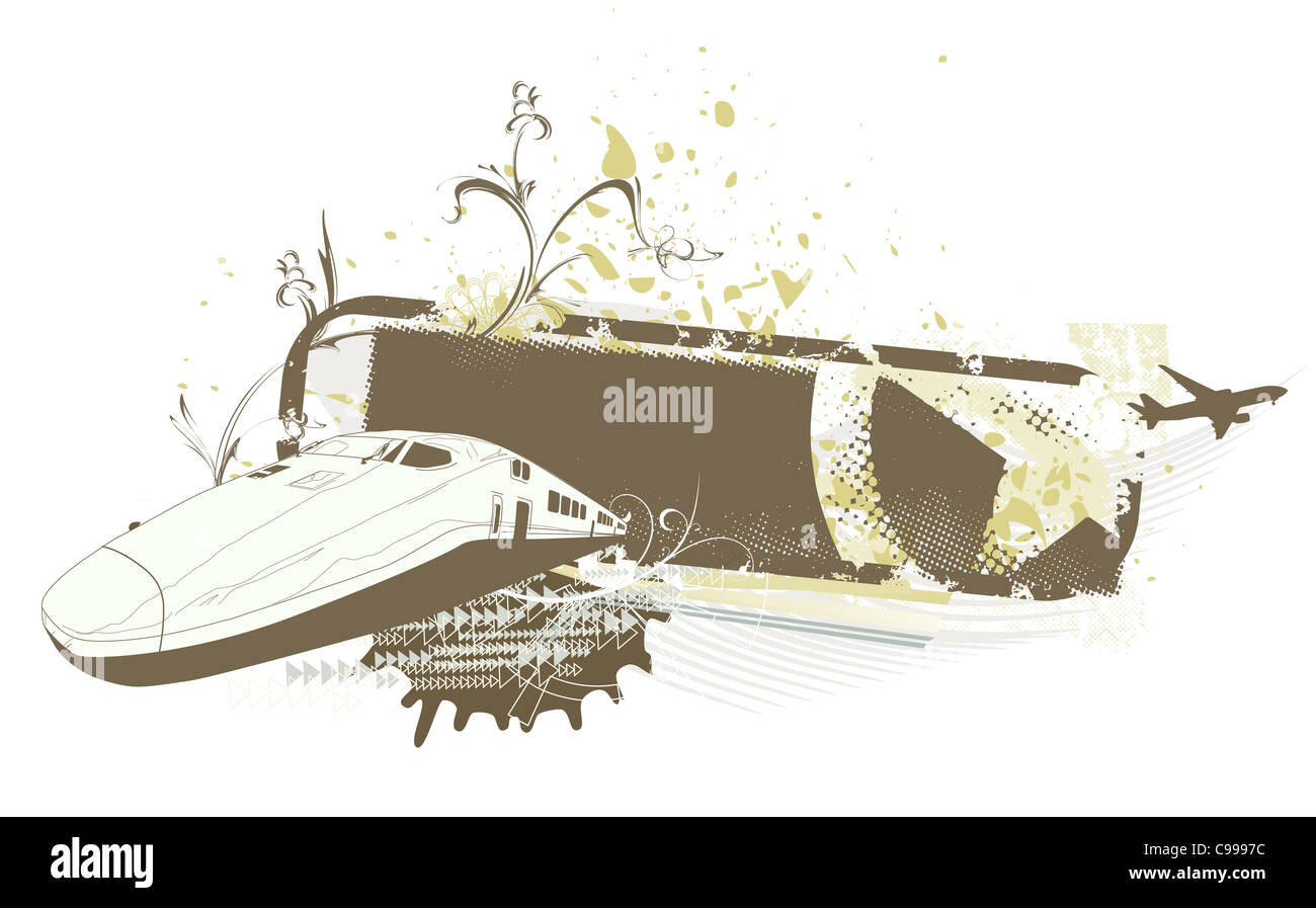 Illustrazione di stile grunge background urbano con treno e aereo Foto Stock