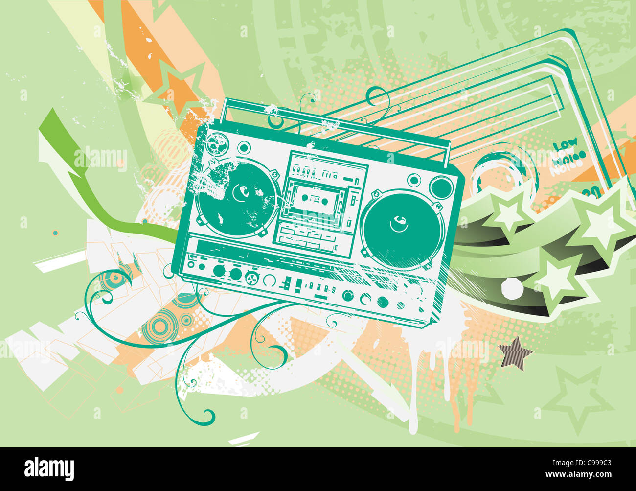 Illustrazione di stile grunge background urbano in stile graffiti con cool boom box. Foto Stock