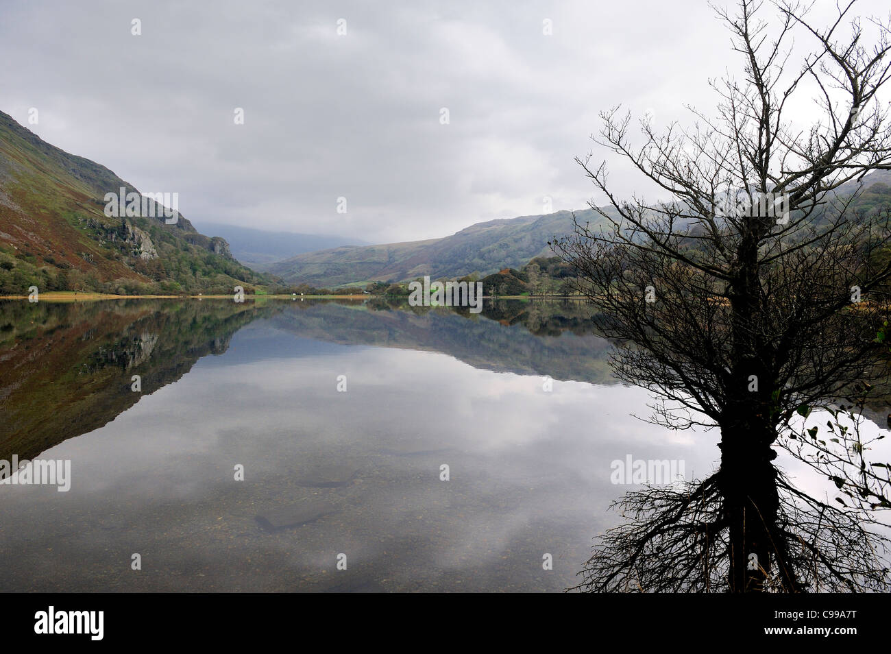 Llyn Gwynant sul fiume Glaslyn snowdonia national park gwynedd north Wales UK Foto Stock