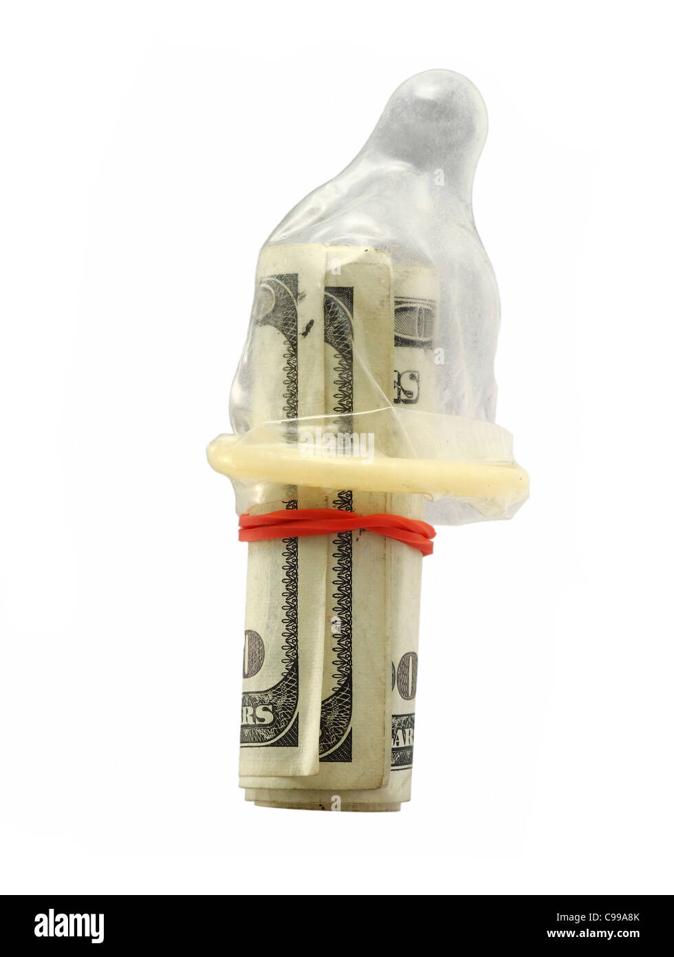 Bundle di centinaia di fatture del dollaro all'interno di un preservativo Foto Stock