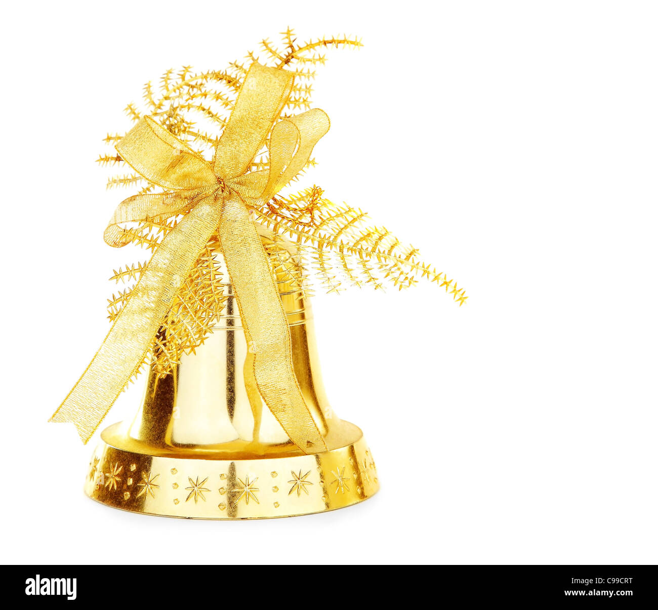 Golden Jingle Bell, albero di Natale ornamento e decorazione vacanze isolati su sfondo bianco Foto Stock