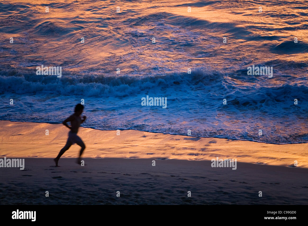 Jogging sulla spiaggia Bondi all'alba. Sydney, Nuovo Galles del Sud, Australia Foto Stock