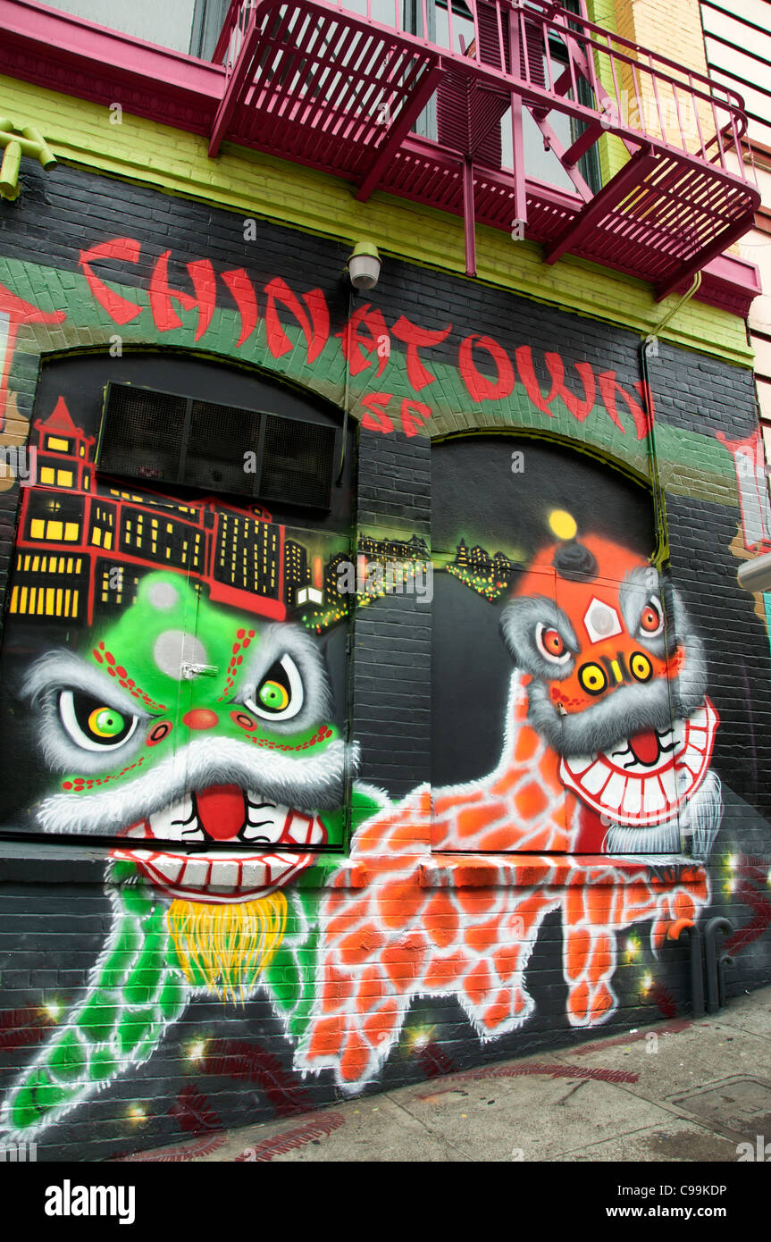 Chinatown SF fantascienza parete murale dipinto China Town San Francisco California USA American Stati Uniti d'America Foto Stock