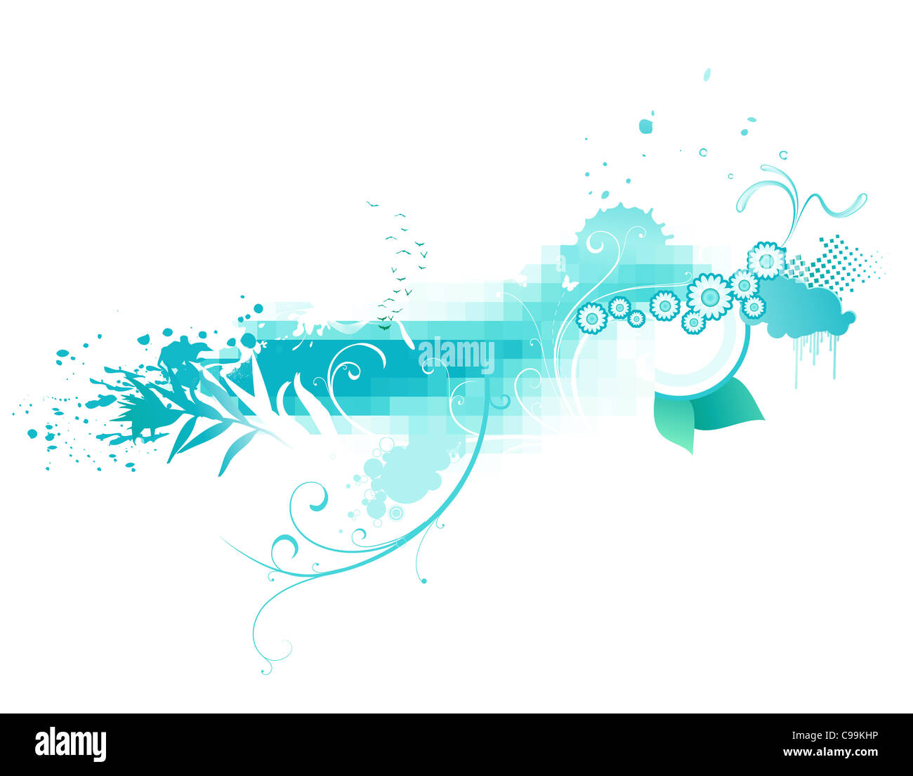 Illustrazione di blu funky sfondo astratta fatta di piazze geometrica ed elementi floreali. Foto Stock