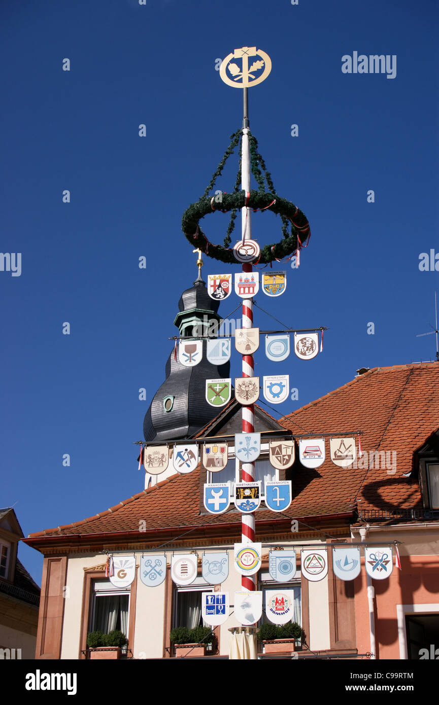 "Zunftbaum' pole che mostra la gilda segni di corporazioni commerciali, Speyer, Renania-Palatinato, Germania Foto Stock