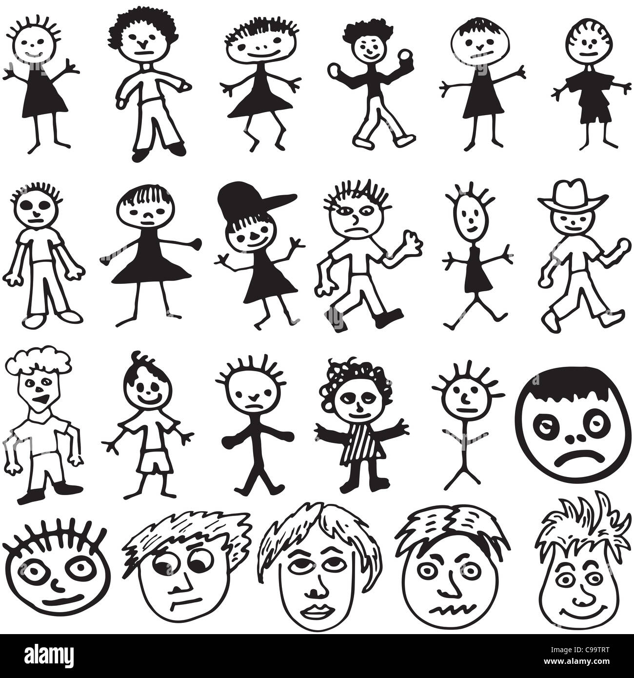 Una collezione di 23 personaggi di cartoni animati e le facce disegnato  nello stile di un bambino potrebbe disegnare Foto stock - Alamy