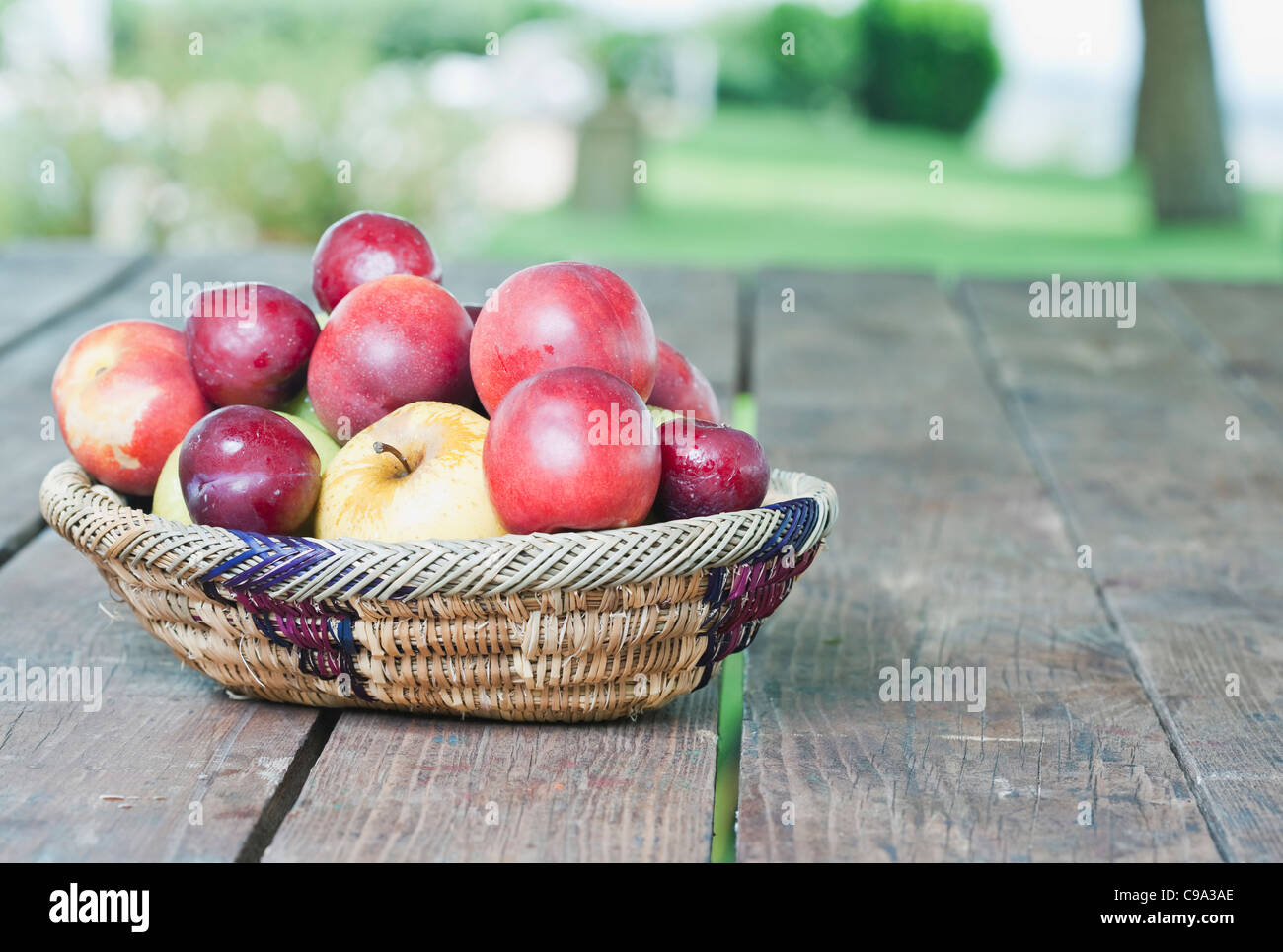 L'Italia, Toscana, Magliano, cesto di frutta con mele e prugne sul tavolo di legno Foto Stock