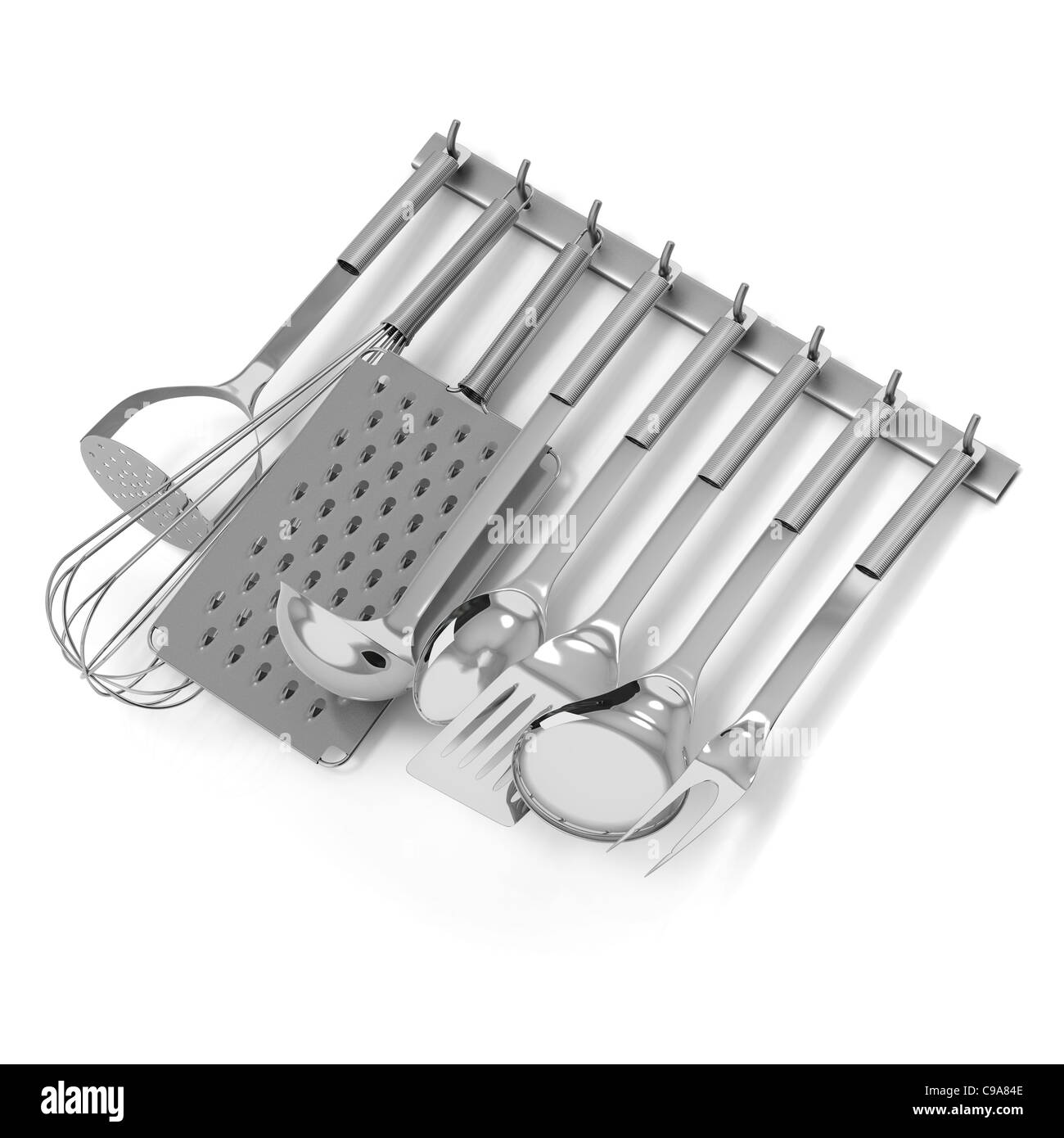 Rack di cromato o acciaio inox utensili da cucina Foto Stock