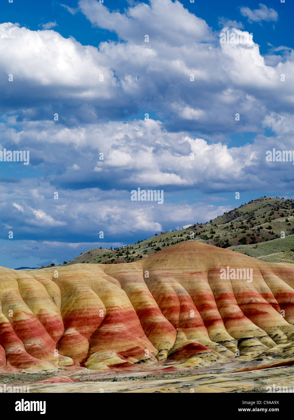 Puffy nubi su colline dipinte. John Day Fossil Beds National Monument. Oregon Foto Stock