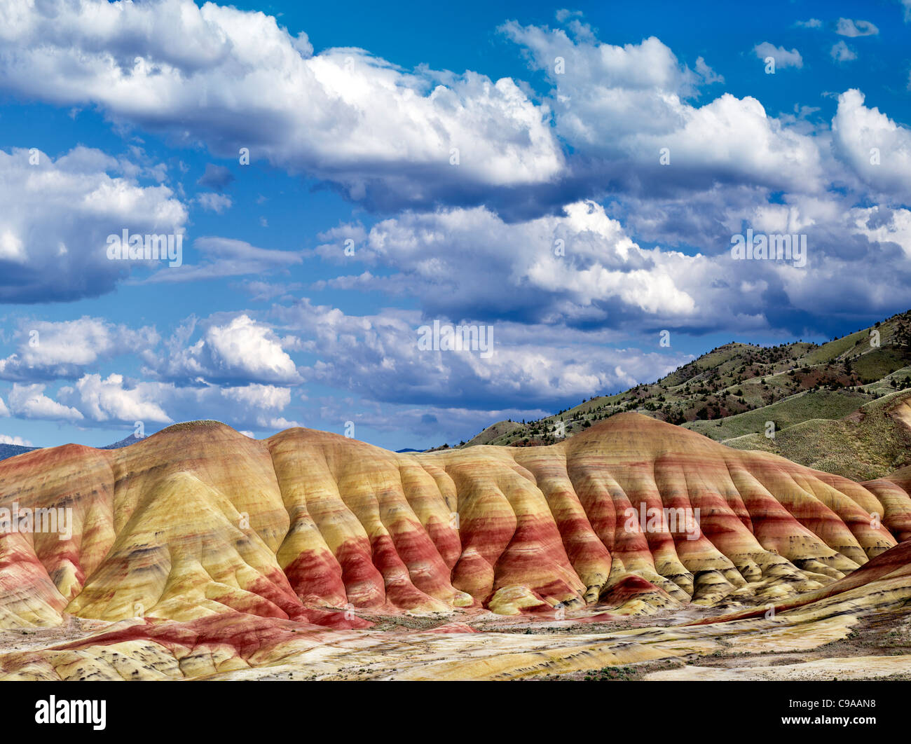 Puffy nubi su colline dipinte. John Day Fossil Beds National Monument. Oregon Foto Stock