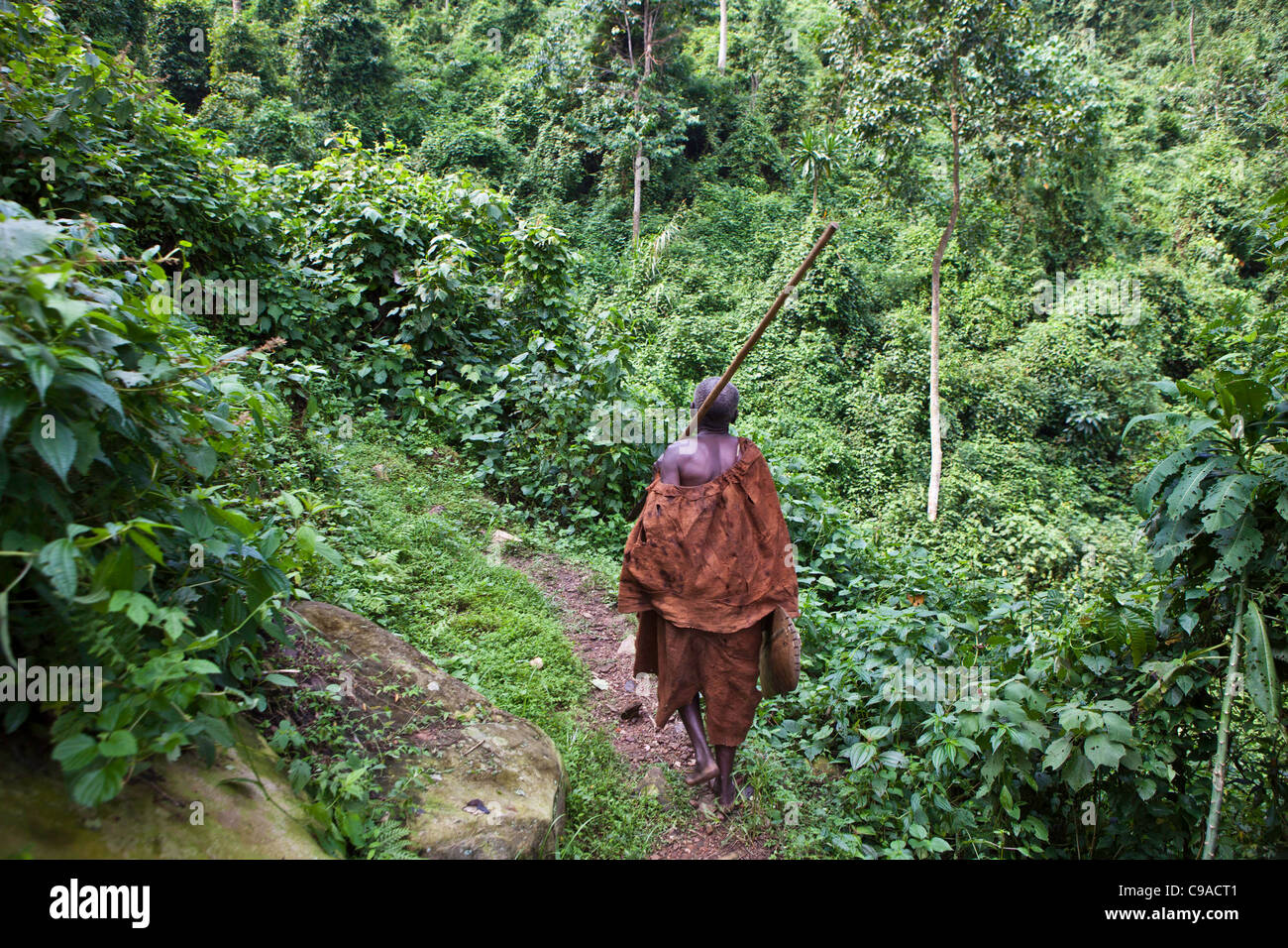 Giacomo, uno degli anziani del tradizionale pigmei Batwa dalla Foresta impenetrabile di Bwindi in Uganda. Foto Stock