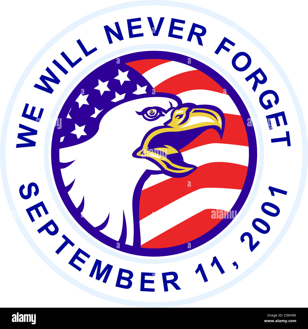 Illustrazione di un American aquila calva urlando con gli Stati Uniti a stelle e bandiera di strisce impostato all'interno del cerchio con le parole 'ci sarà Foto Stock