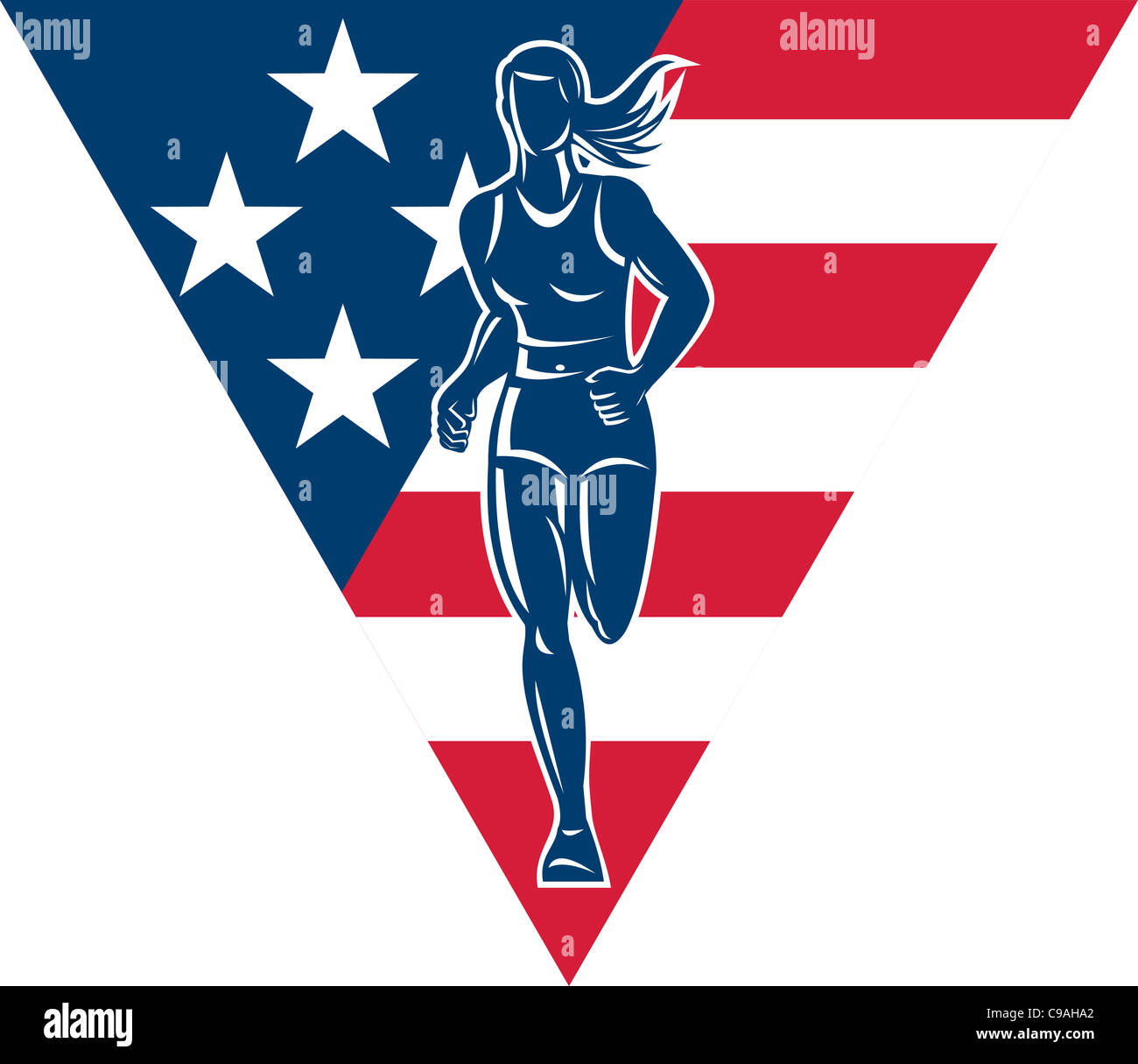 Illustrazione di una maratona femminile road runner fitness pareggiatore di formazione in esecuzione su strada con la bandiera americana a stelle e strisce in background del triangolo interno Foto Stock