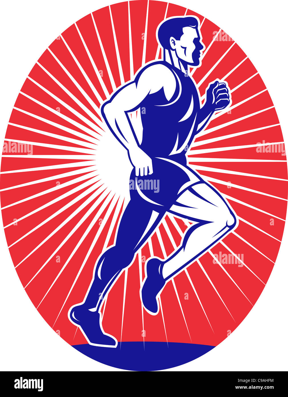 Illustrazione di una illustrazione di un maschio di Marathon road runner fitness pareggiatore di formazione in esecuzione su strada in stile retrò. Foto Stock