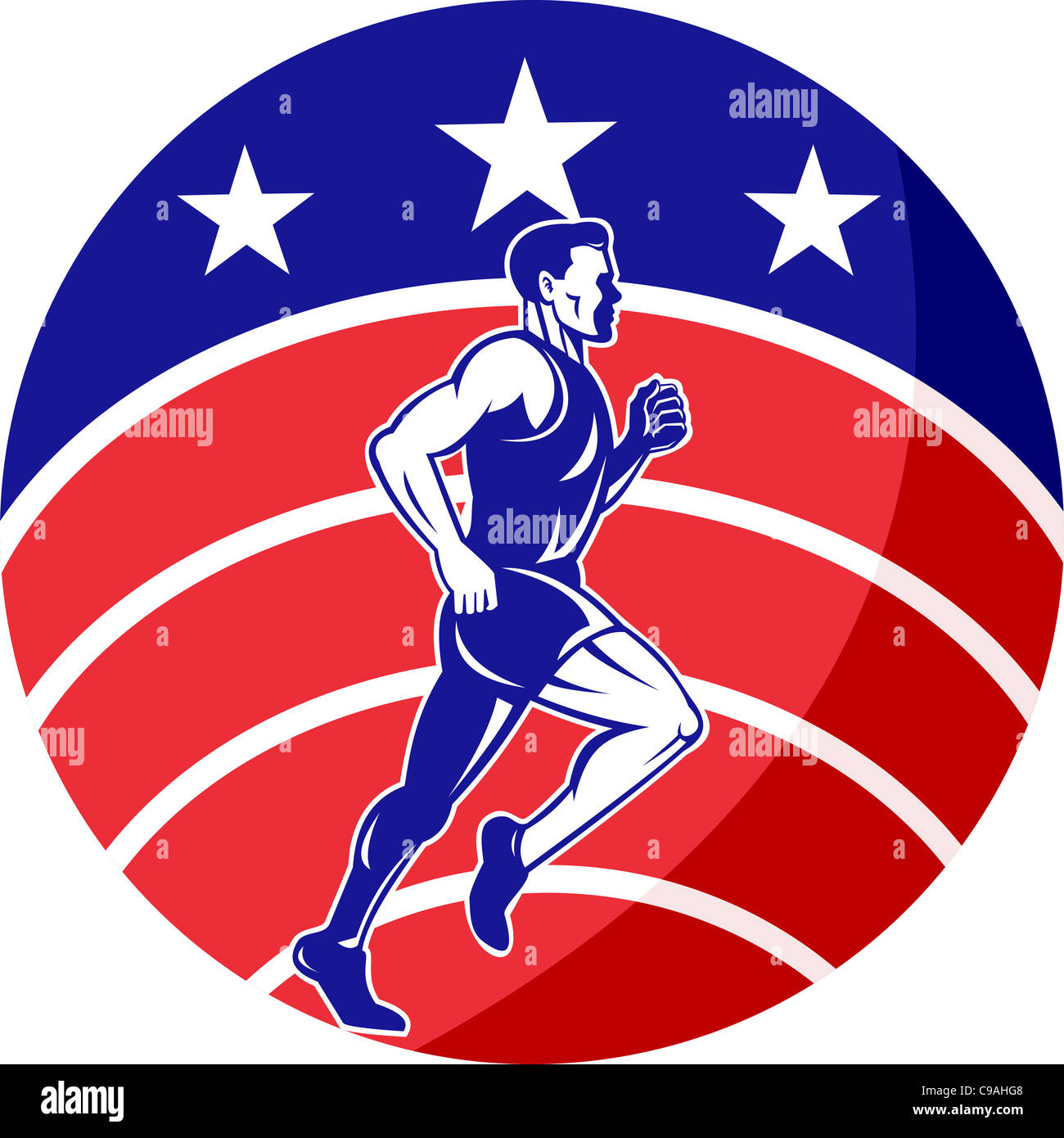 Illustrazione di una illustrazione di un maschio di Marathon road runner fitness pareggiatore di formazione in esecuzione su strada in stile retrò. Foto Stock