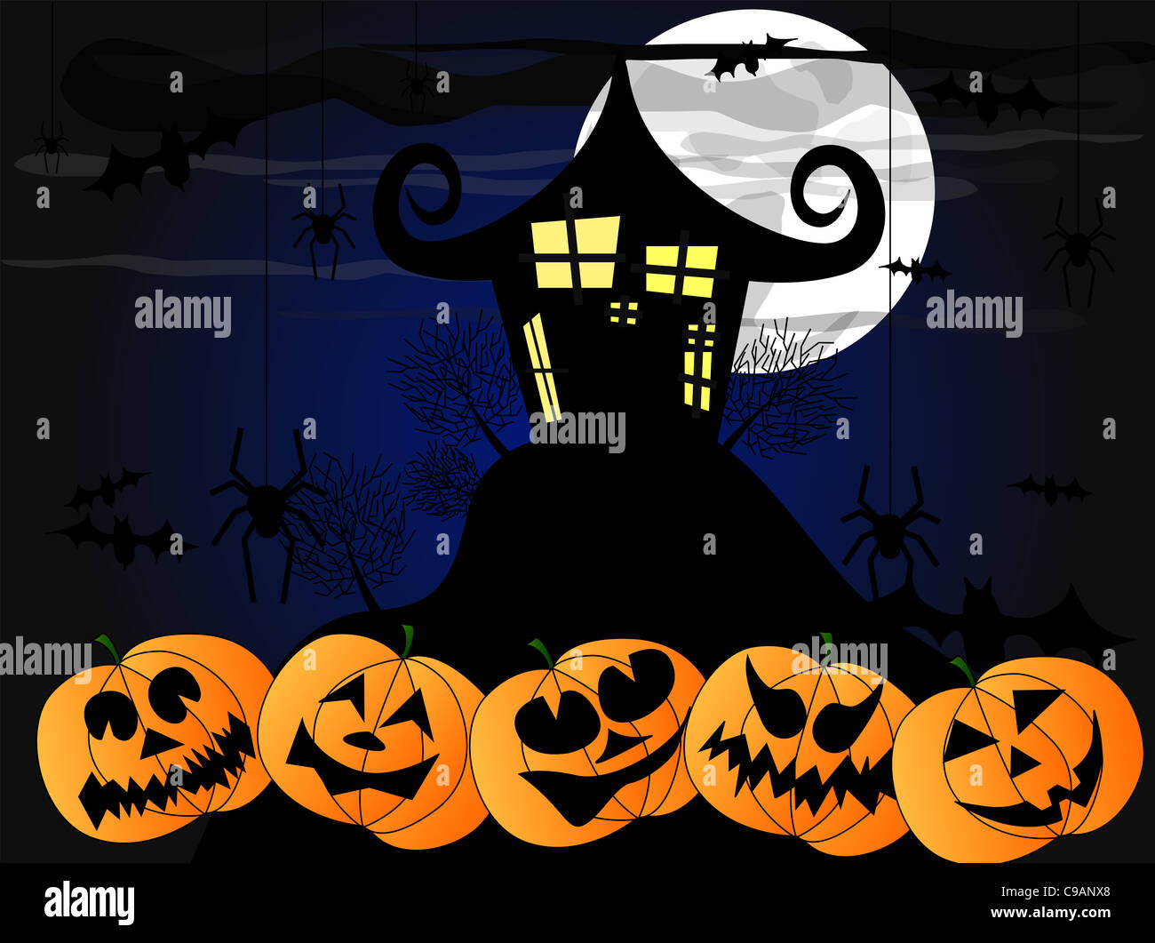 Illustrazione Vettoriale per la festa di Halloween, strana casa sulla collina con ragni e zucche Foto Stock