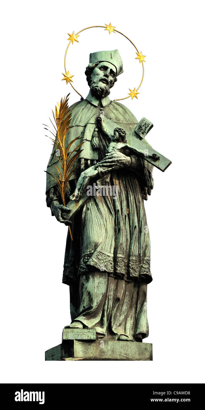 Praga, Repubblica Ceca. Statua di San Giovanni Nepomuceno sul Ponte Carlo - cut-out Foto Stock