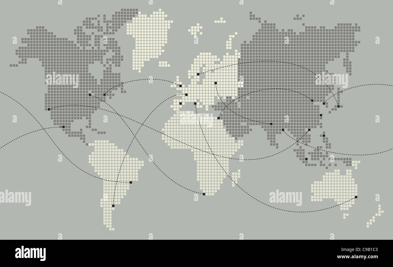 Mappa mondo fatto di piccole piazze. Città principali sono contrassegnati e collegati con linee Foto Stock